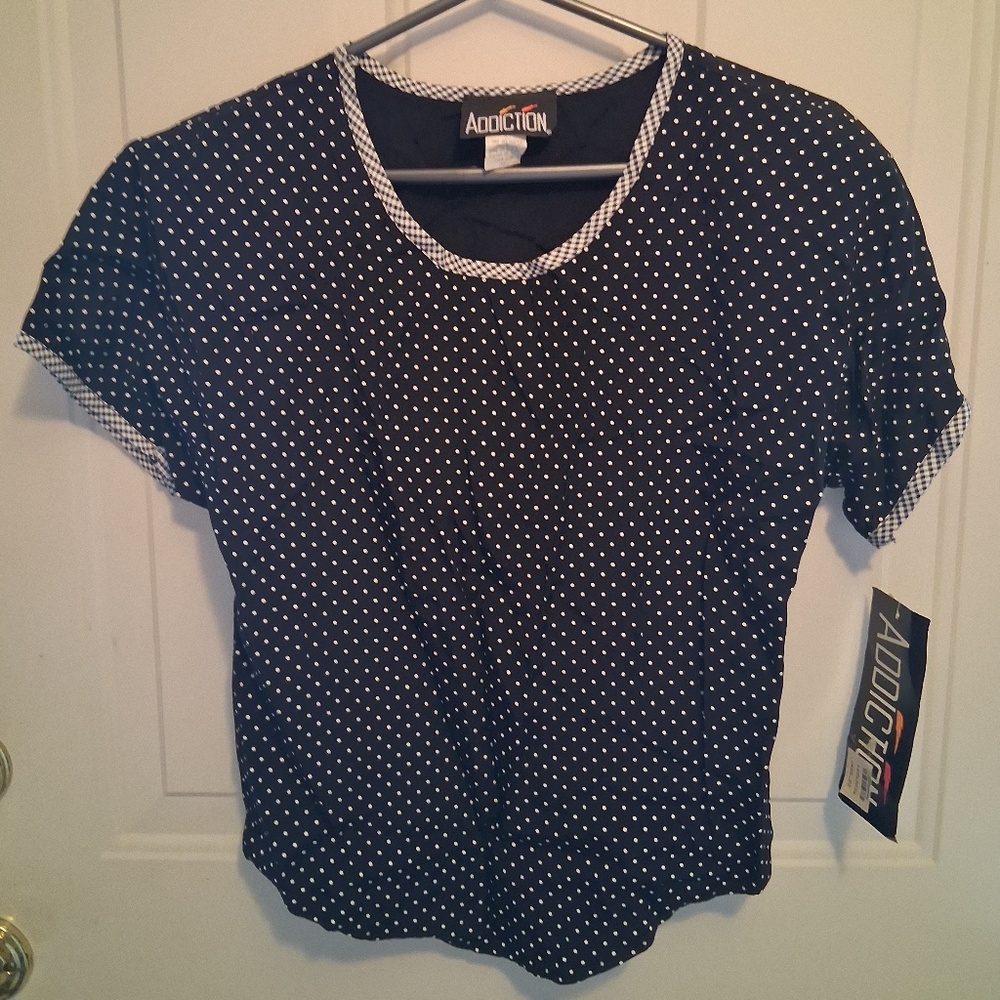 Women's Addiction Dolman Cap Sleeve Blouse, Black with White Polka Dots, Small